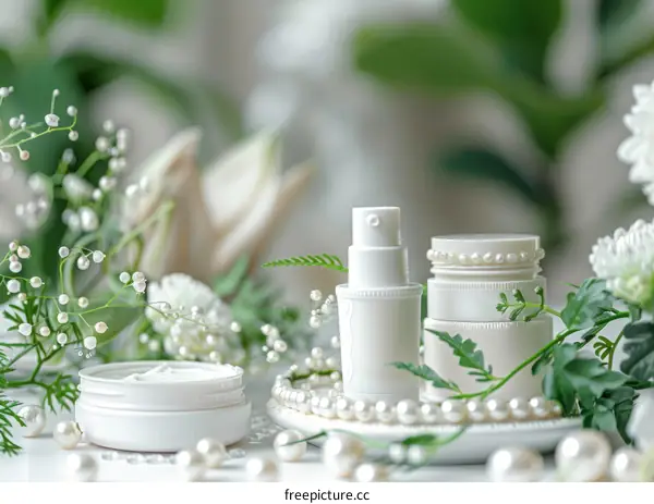 Luxury Skincare Bottles with Pearls and Flowers