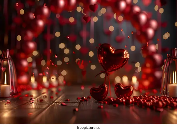 Red heart-shaped balloons with bokeh background