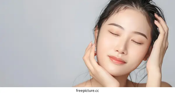 Beautiful Asian Woman with Closed Eyes on Grey Background