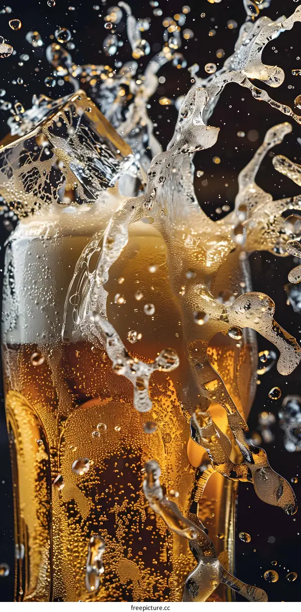 Close Up of Beer Splashing with Ice Cube