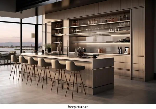 Modern kitchen with a large island and a view of the city