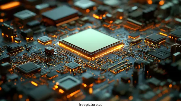 High-tech Circuit Board with Illuminated Chip