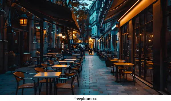 Empty Outdoor Cafe in European City at Night
