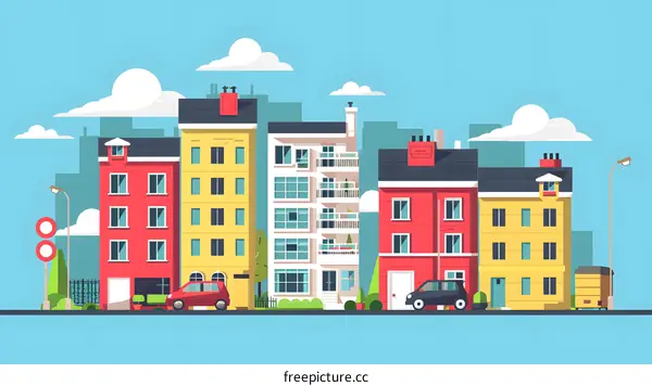 Colorful Cityscape Illustration with Houses and Cars