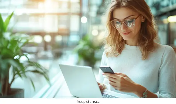 Woman using phone in cafe with laptop