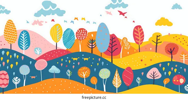 Colorful Illustration of a Forest With Wavy Hills