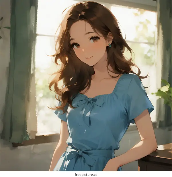 A Young Woman in a Blue Dress Standing Near a Window