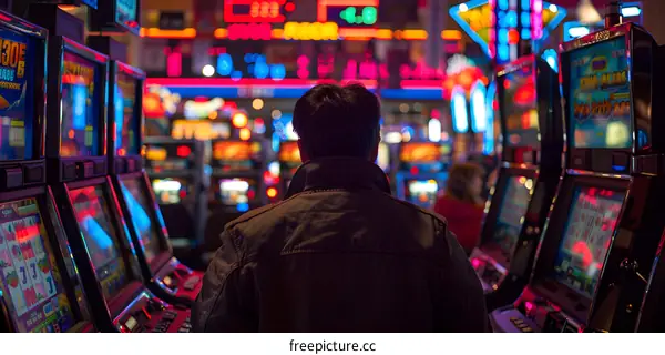Man Playing Slot Machines in Casino