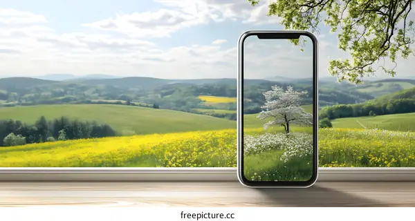 Smartphone Displaying Spring Landscape Photo