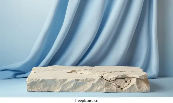 Abstract Light Beige Stone Product Display with Light Blue Fabric