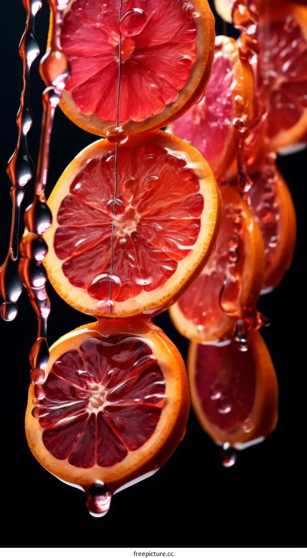 Close-up Image of Sliced Blood Oranges with Juice Dripping