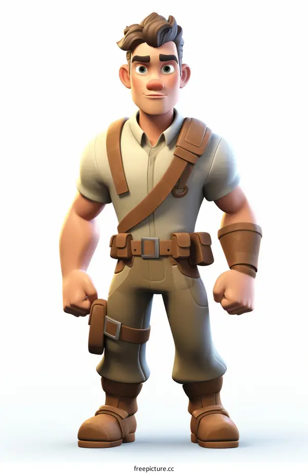 A male explorer with brown hair and blue eyes. He is wearing a khaki shirt and brown pants. He is carrying a brown bag and has a brown belt on.