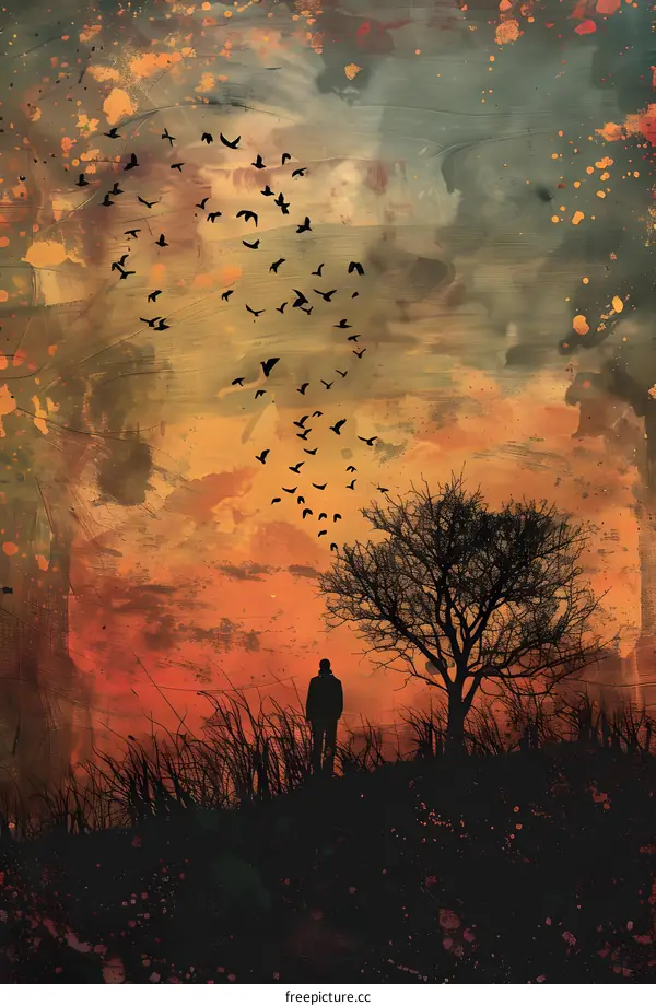 Silhouette of a Man Standing in a Field Watching Birds Fly Away