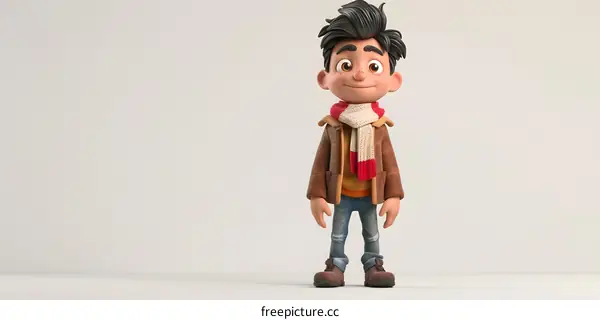 A 3D rendering of a boy wearing a brown jacket and blue jeans