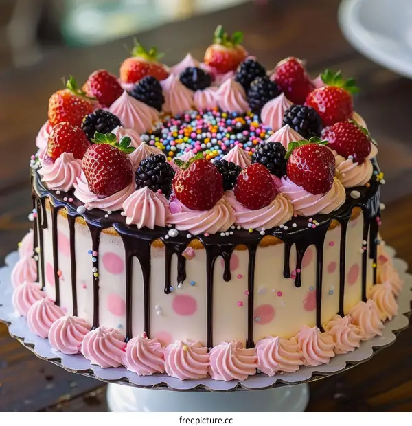 Cake with strawberries, blackberries and pink frosting