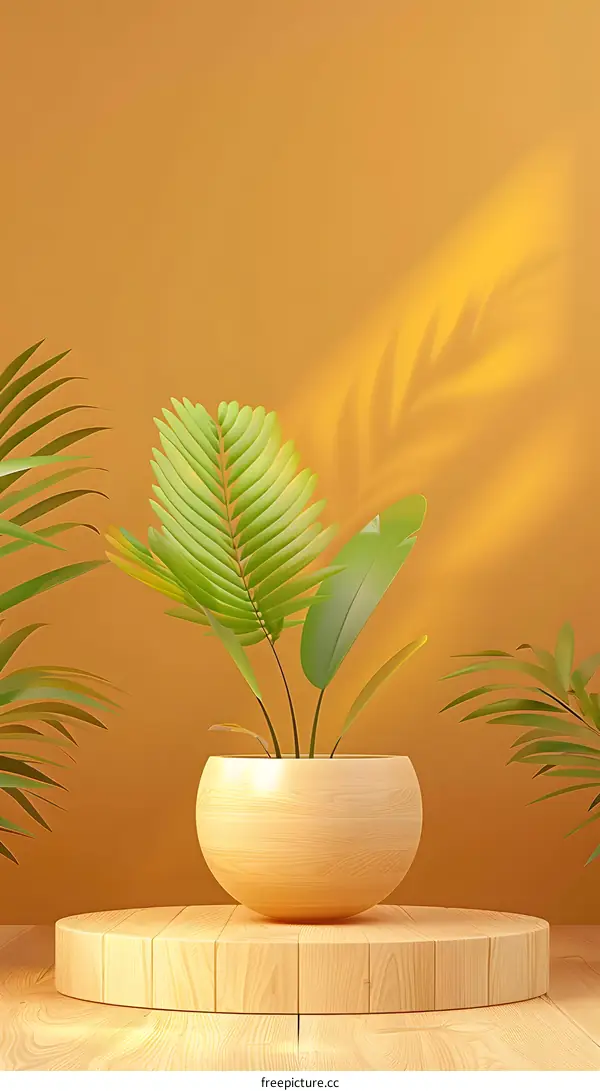 Minimalist Plant on Wooden Platform with Yellow Background