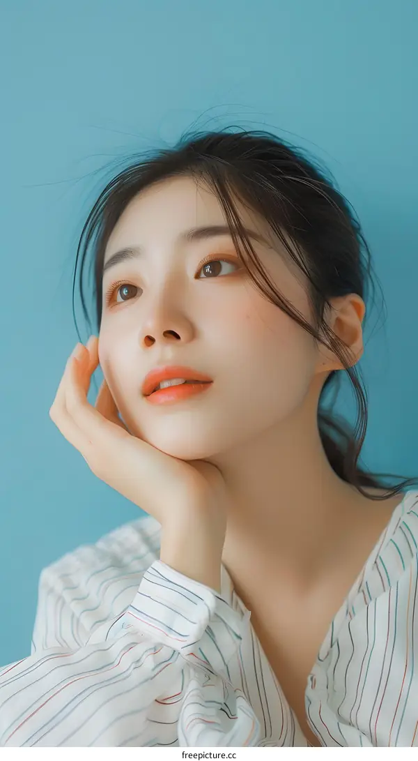 Portrait of a Young Woman with a Striped Shirt Against a Blue Background