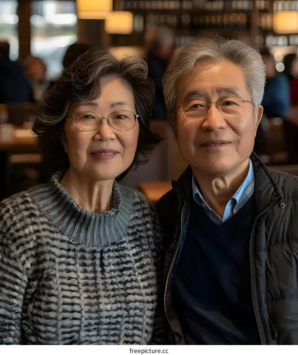 Portrait of a Senior Asian Couple in a Restaurant