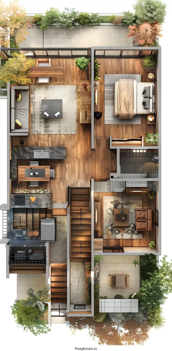 Top view of a three-story modern house