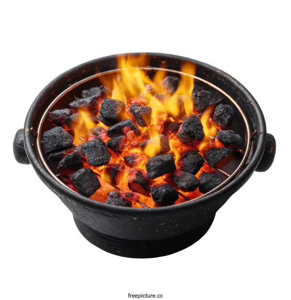 [Transparent Background PNG]Burning Charcoal Briquettes in a Small Outdoor Grill