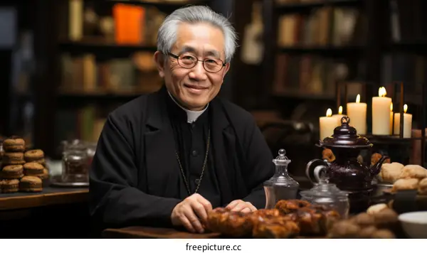 Portrait of a smiling Asian man wearing a clerical collar