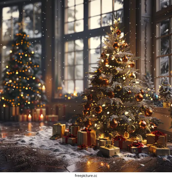 Christmas, Gifts and Seasonal Decorations in Cozy Living Room