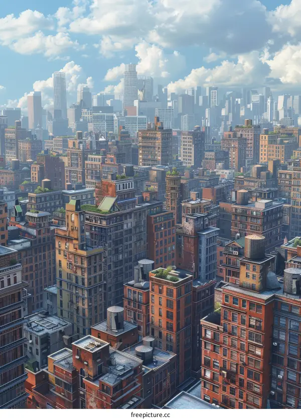 Urban City Skyline with Tall Buildings against Blue Sky