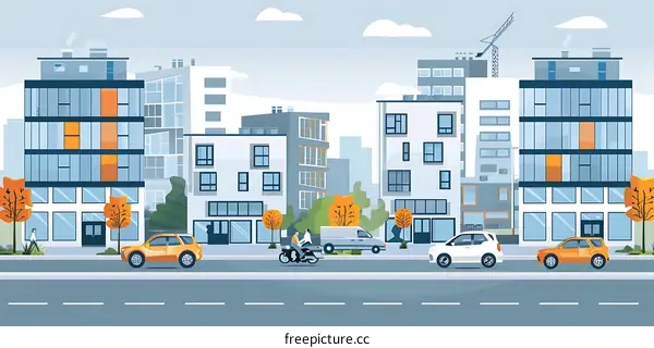 Modern Cityscape with Cars and People Illustration