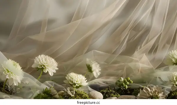 Delicate White Flowers Under Sheer Fabric