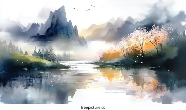 Misty Mountain Landscape with Blooming Trees by the Water