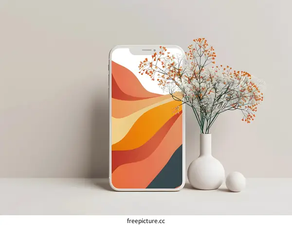 Minimalist Phone Mockup with Abstract Design and Flower Vase
