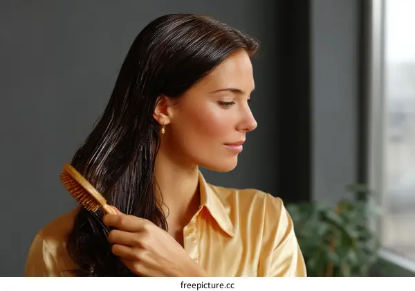 Woman with Wet Hair Using Hairbrush