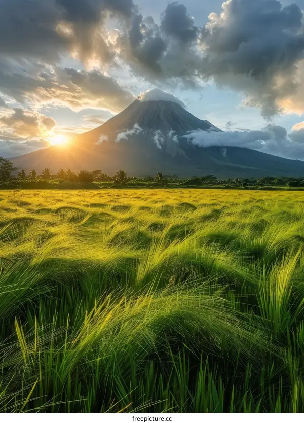 Mayon Volcano and Rice Fields at Sunset