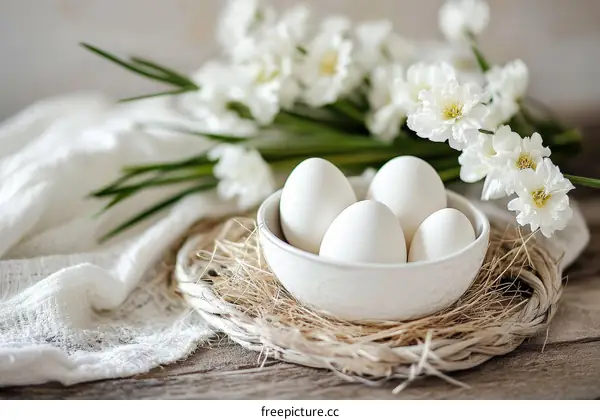 White Eggs in a Nest with Flowers