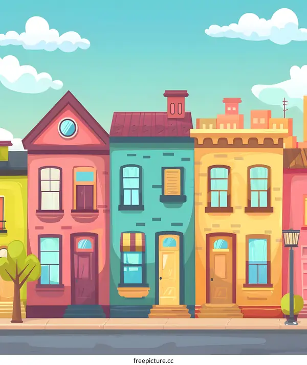 Cartoon Colorful Row Houses in a City