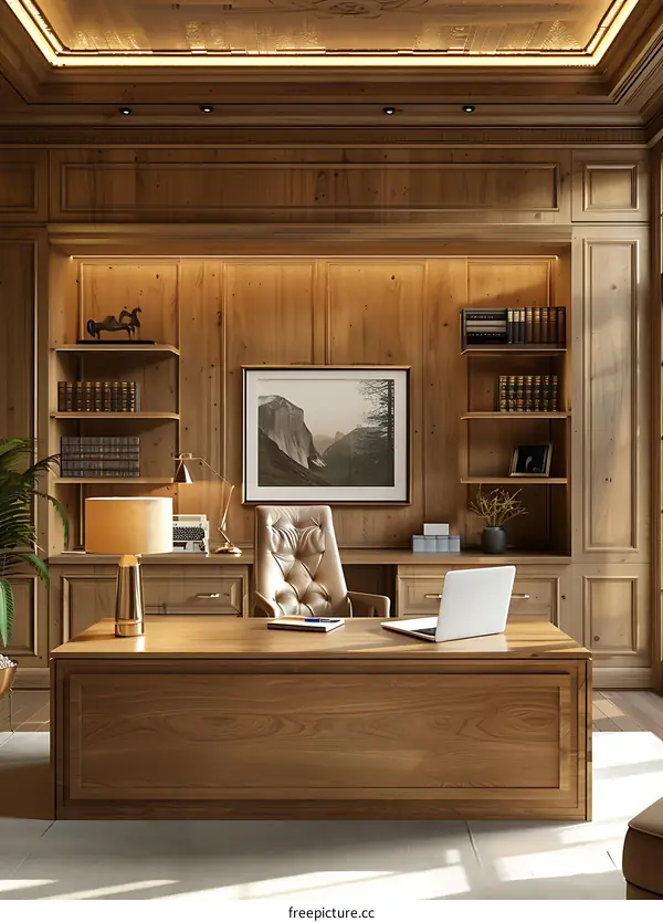 Luxury wooden office with a large desk and comfortable chair