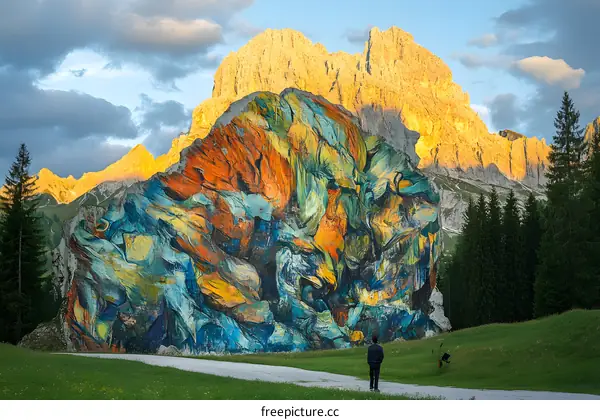 Colorful Mural Painted on Mountainside at Sunset