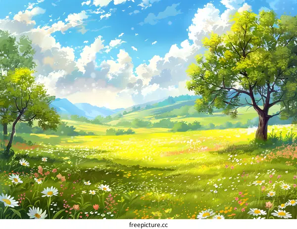 Spring landscape illustration with blooming flowers
