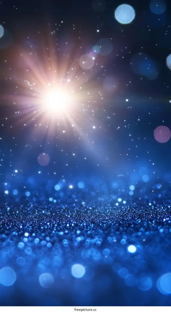 Abstract Blue Glitter Background with Light Burst