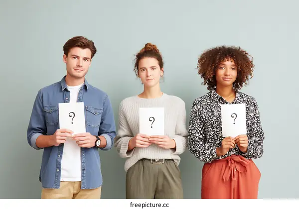 Three Diverse Individuals Holding Question Marks