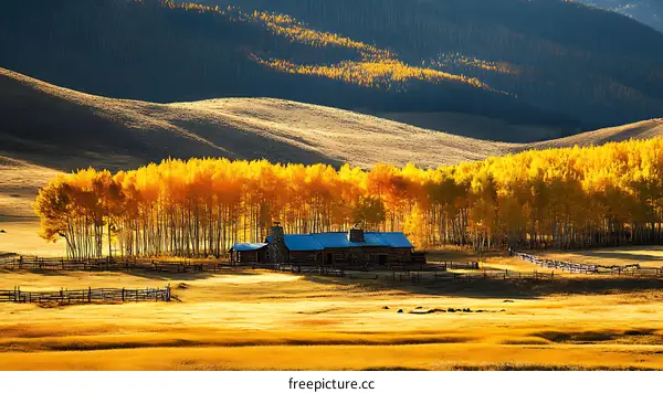 Autumnal Golden Aspen Grove with Rustic Cabin