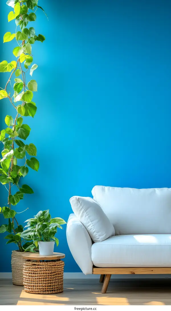 Modern Living Room with Greenery and Blue Wall