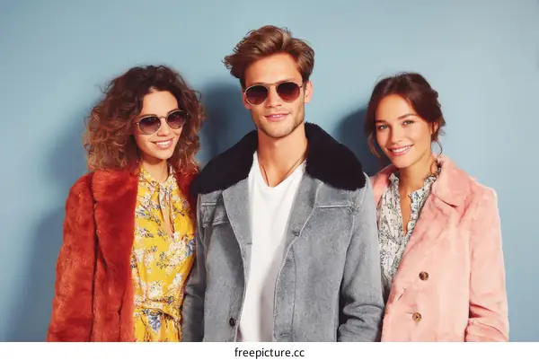 Fashionable friends posing in trendy outerwear