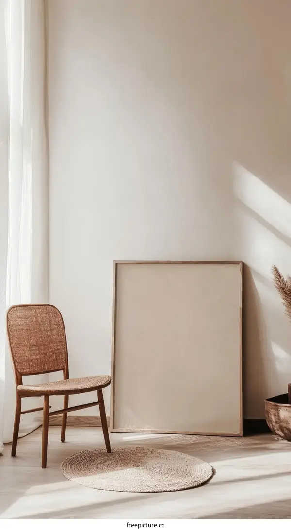 Modern Minimalist Interior Design Featuring a Wicker Chair and Empty Frame