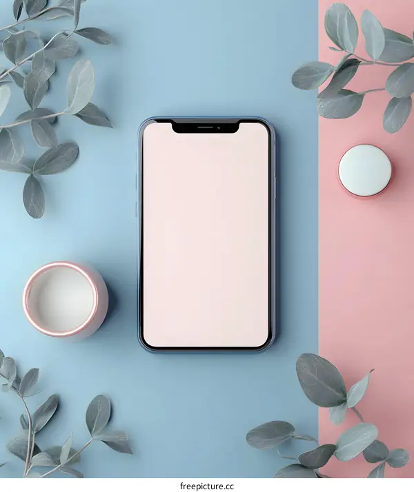 Phone Mockup With Plants On Blue And Pink Background