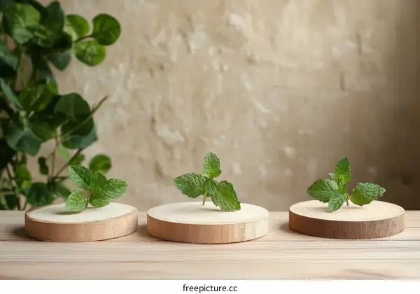 Fresh Mint Leaves on Wooden Coasters