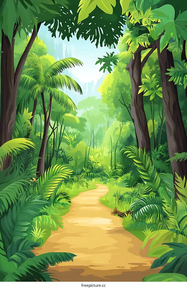 Jungle Path Illustration with Lush Green Foliage