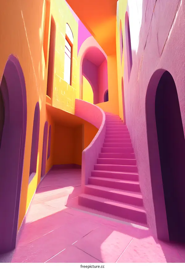 Pink and Yellow Building Staircase