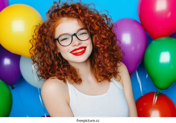 Smiling Woman with Red Curly Hair and Glasses surrounded by Colorful Balloons