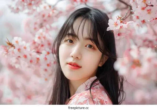 Young Asian Woman in Pink Dress Posing with Cherry Blossoms